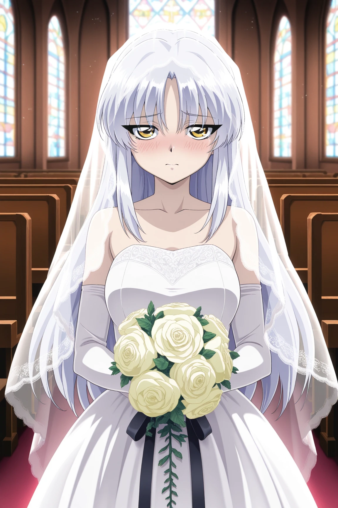 1 Women, 28 years old, Long  bright silver hair, red eyes with slit pupils, master-piece, best quality, proportional body, proportional, Wedding Dresses, White Wedding Dress, Long skirt, Standing in the church, outdoor, wedding, Upper body, The sky is beautiful, Both hands hold a bouquet of red flowers,  (light_Smile:1.5),
