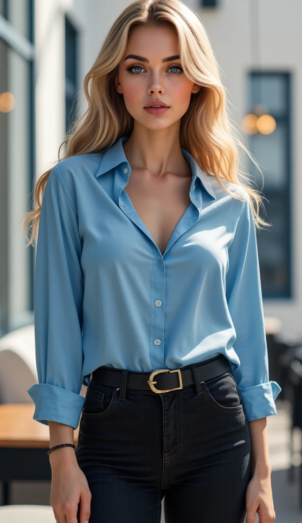 A tall blonde woman in a royal blue blouse with an open neckline and a tight-fitting, calf-length skirt in terracotta