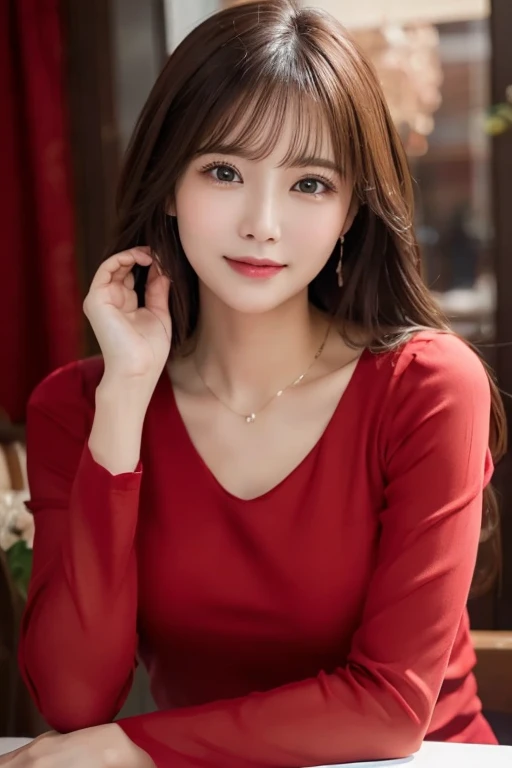 table top、highest quality、real、Super detailed、finely、High resolution、8k wallpaper、one beautiful woman、28 years old、light brown messy hair、He is wearing a red see-through dress shirt with an open collar、sharp focus、perfect dynamic composition、beautiful detailed eyes、thin hair、Detailed and realistic skin texture、smile、close up portrait、model body shape、President&#39;s Secretary、miniskirt、high heels、whole body、(Random body orientation)、