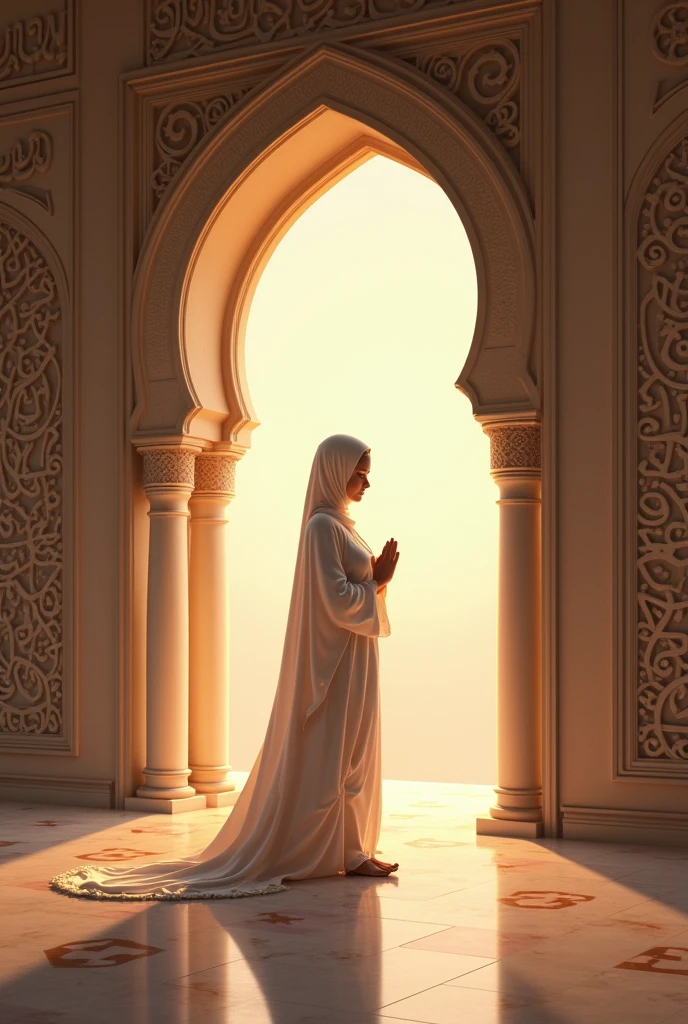 ((best quality)), ((masterpiece)), (detail), perfect face, close-up photo of a Beautiful Korean muslim woman standing next to a door, bright skinny, wearing a long white hijab, a wide and long white patterned abaya, view of an ancient room with intricate details, sparkling and magical light, surreal photo, 8k, very high resolution, sharp face