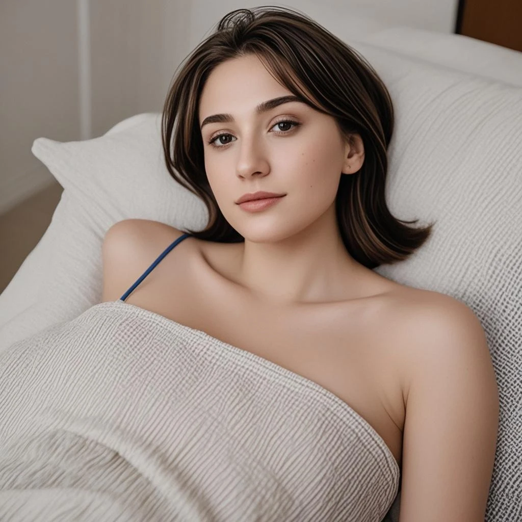arafed woman laying in bed with white sheets and a white shirt, full pov, laying in bed, laying on her back on a bed, laying on a bed, she is laying on her back, laying back on the bed, she is facing the camera, on my bed, posing in bed, on the bed, thicc, laying on her back