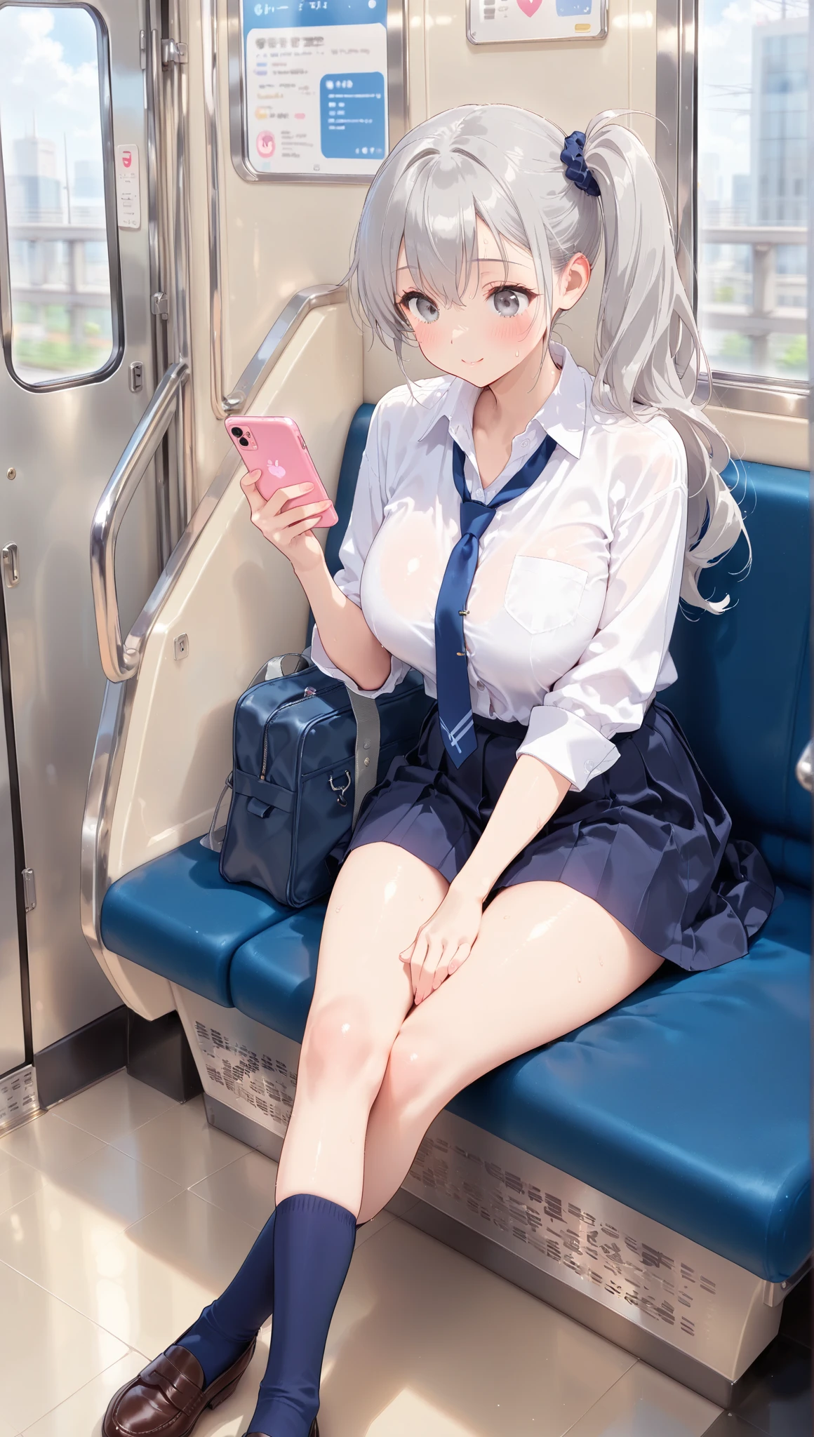 best quality,ultra-detailed,high resolution,extremely detailed CG,perfect anatomy,detailed,cinematic lighting,beautiful detailed eyes,ultra high res,cowboy shot,NSFW,1girl,,gleaming skin,oil skin,gold hair,small breasts,swed,trembling,strong light coming in,spot lighting,bright,,strong facial expression,(sharp eye:1.2),(scowl:1.1),(stare at viewer with stern eyes:1.5),on the train, train interior, front view of front seat,(looking away:1.4) ,(staring at smartphone:1.7),(sitting:1.3),(skirt:1.3), show off panties, white pancameltoe:1.2), shot,silver hair