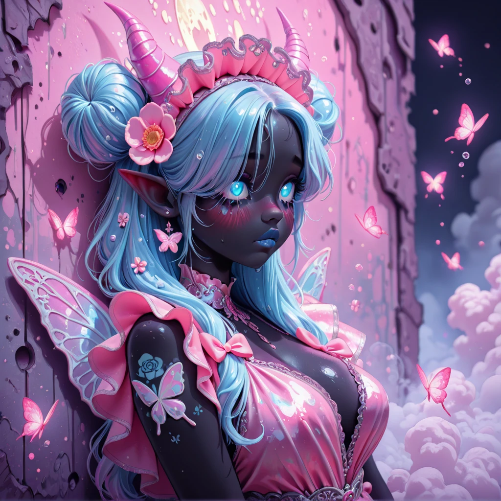 Masterpiece, best quality, ultra definition, details, best definition, artwork, black fairy, black skin, black person skin, brown skin, black skin, 19 years old, black fairy, pink hair, cotton candy, cake dress, candy around, fairy, rainbow wings, sugary fairy, cat's nails, black sugary fairy. --auto --s2