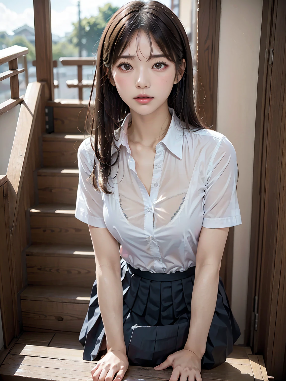 8k, Raw photo, Highest quality, masterpiece:1.2), masterpiece, Highest quality, figure, Very detailed, Fine details, High resolution, 8k,wallpaper, Perfect dynamic composition,(Detailed high quality, Realistic depiction of eyes:1.3)、A woman who has been and has her hands tied、Arms wrapped around his back, hands tie behind back, Inside a beautiful hotel room at night、Sitting in a chair、Outside the window is a night view、((( With legs apart、Her white panties are visible between her skirt and legs.)))、(((Short sleeve blouse、mini skirt)))、whole body、The whole thing faces forward、21 years old、I am a TV personality.、Beauty、Well-formed face、Make your eyes even、Beautiful black hair、Has bangs、Small face、Well-balanced proportions、Beautiful legs、Fresh face、Beautiful scenery、(((Viewers gaze forward)))、
