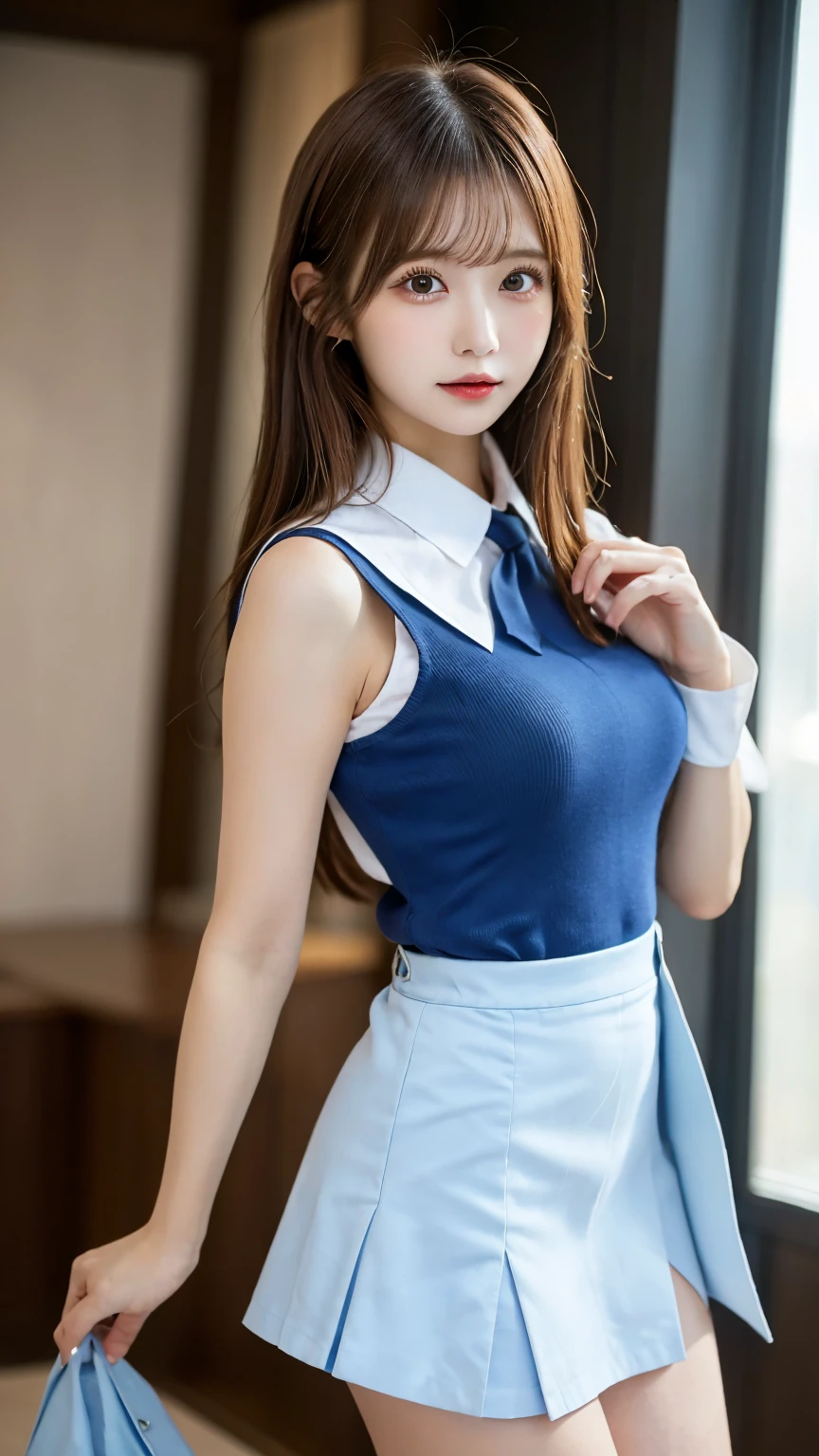 a closeup, masterpiece, top-quality, FULL ANATOMY、Raw foto, Photorealsitic、(Cute little face:1.6)、(Very cute smile:1.7)、(with round face:1.9)、(She looks like an idol and is cute:1.7), A dark-haired、(very cute school uniform:1.6), depth of fields, hight resolution, ultra-detailliert, finely detail, ighly detailed, extremely detailed eye and face, Realistic pupils, foco nítido, Cinematic lighting、18-year-old woman、(1 persons、独奏:1.9)、 (poneyTail、curlyhair)、Very detailed 8k wallpaper、Show me your whole body、Looking at the camera、(Too short plaid pleated skirt、I can see the white panties、Plump panties、Lift the hem of the skirt with both hands、Showing her panties to the camera:1.7)、(Pink Fishnet Stockings)、is standing、Angle from below、(Thigh close-up:1.6)、(Nice figure、big breasts thin waist)、(Clothes with emphasized chest bulge、Colossal tits:1.6)、depth of fields、Bokeh in the background