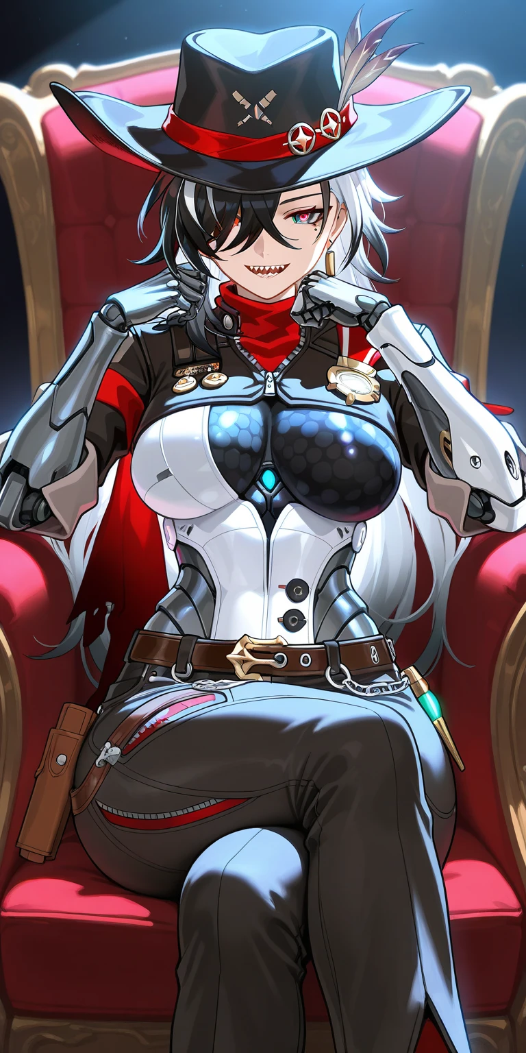 a portrait of a beautiful woman sitting, 8K, absurdres, , [Parrley_armor|edgApron], a woman in a [sexy lingerie|suit of armor] ,wearing [Parrley_armor|edgApron|dudou|lnf], big bulky futuristic armor, [glowing armor|stockings|choker style], <lora:ParrleyFLEX:0.8>, <lora:edgApron:0.6>, best quality, wallpaper, photogenic,  red eyes, gray hair, medium hair, flat chest, lush detail,