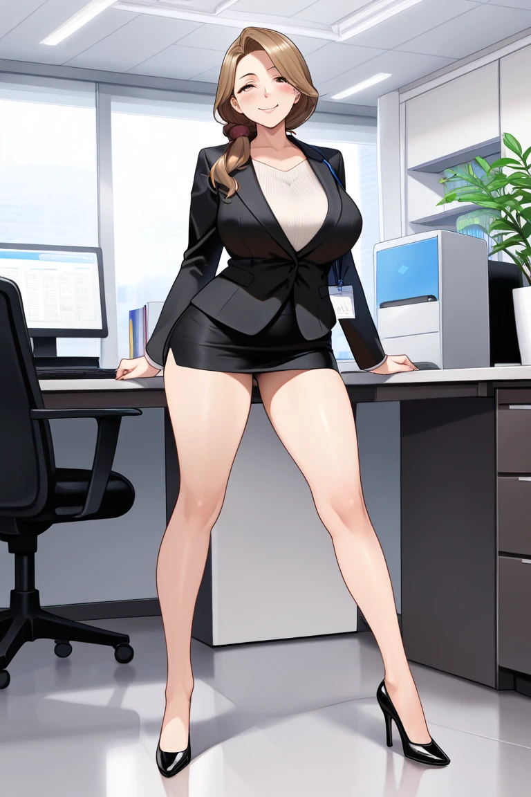 ((high detailed, best quality, 4k, masterpiece, hd:1.3)), BREAK night, window, moonlight, landscape, (in office), indoors, business office, office workers working in the office, many people are busy working, window, desk, chair, computer, ceiling light, Rosalina standing posing, BREAK neon blue eyes, seductive, attractive, sexy smile, smiling, smooth anime cg art, 36C breasts, (long fitness legs), vivid colors, detailed digital art, slim body, perfect skin, blonde hair, long hair, BREAK crown, cleavage, 36C cleavage, BREAK looking at viewer, extremely detailed face, navy_blue necktie, blue jacket, black shirt, blue pencil skirt, full body, (blue high heels), earrings, gem, dark black makeup lips, dark gothic eyeshadows, dark eyeshadows, black eyeshadows, black sexy lips, black lips, (dark:1.2), dark lips, very dark lips, (perfect hands, perfect anatomy), black makeup, detailed fingers, five fingers per hand, 5 fingers, (1 girl), detailed lips, detailed black lips, black painted lips, gothic painted lips, (breast focus), (breasts out:1.3), (arms behind back:1.3),