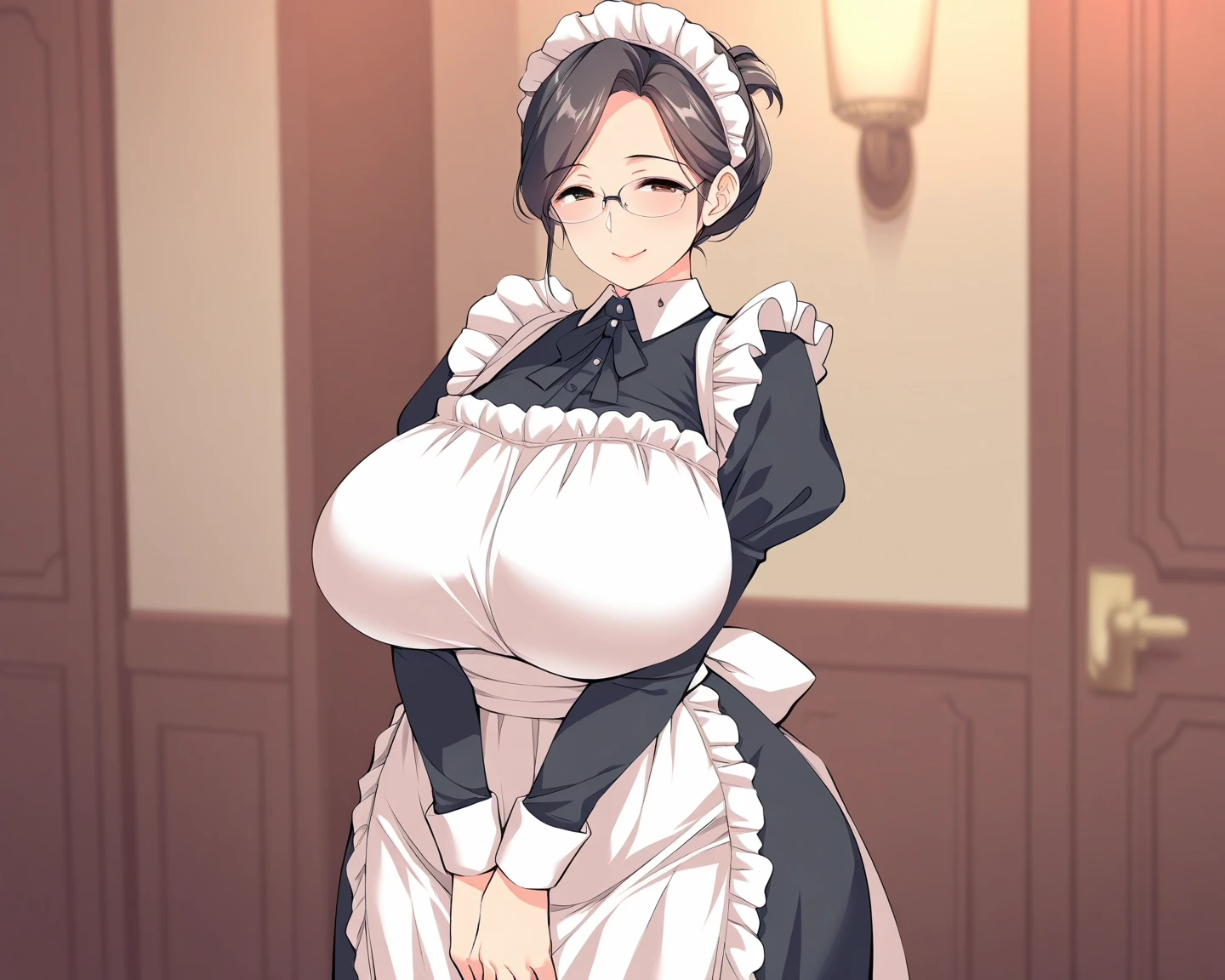 {{masterpiece}},high quality, 4K, 2D,1 girl,{simple gray background},(45 year old woman,mature female:1.5),(curvy:1.8),standing,(sagging breasts:0.4),(gigantic breasts:1.3),(maid:1.8), black hair,(chignon:1.2),impossible clothes, {from right in front of face and body},{front facing shot},Wear glasses,inside the room