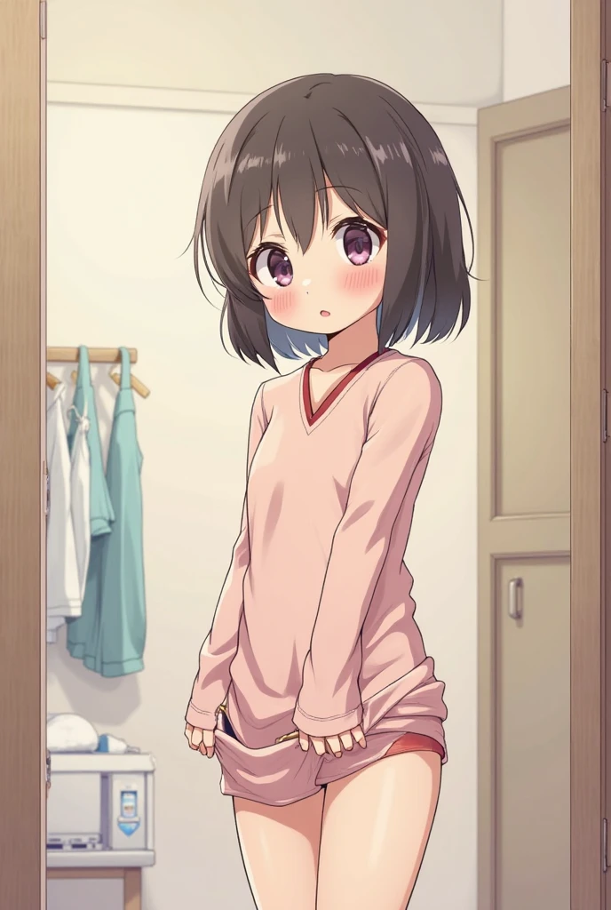 score_9, score_8_up, score_7_up, source_anime, BREAK by ikuchan kaoru, iku, clean color, flat color, 1girl, 1boy, ((shota)), solo, standing, indoors, blush, shy, embarrassed, brown hair, green eyes, school boy outfit, blue sweater, white shorts, bulge, looking at viewer