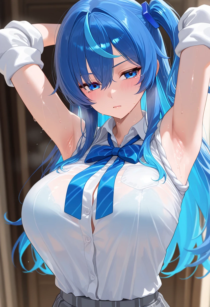 shackles, BDSM, fine, rubber, a corset, overalls, collar, NFV, ((top quality, 8 thousand., masterpiece: 1.3)), Clear Focus: 1.2, 1 girl, Aqua Konosuba, blue hair, Blue eyes,peaceful expression, fox ears, wet body: 1.5, Highly detailed face and skin texture, detailed eyes, double eyelids, long hair, ridiculously large breasts, Bedroom, clutching his chest