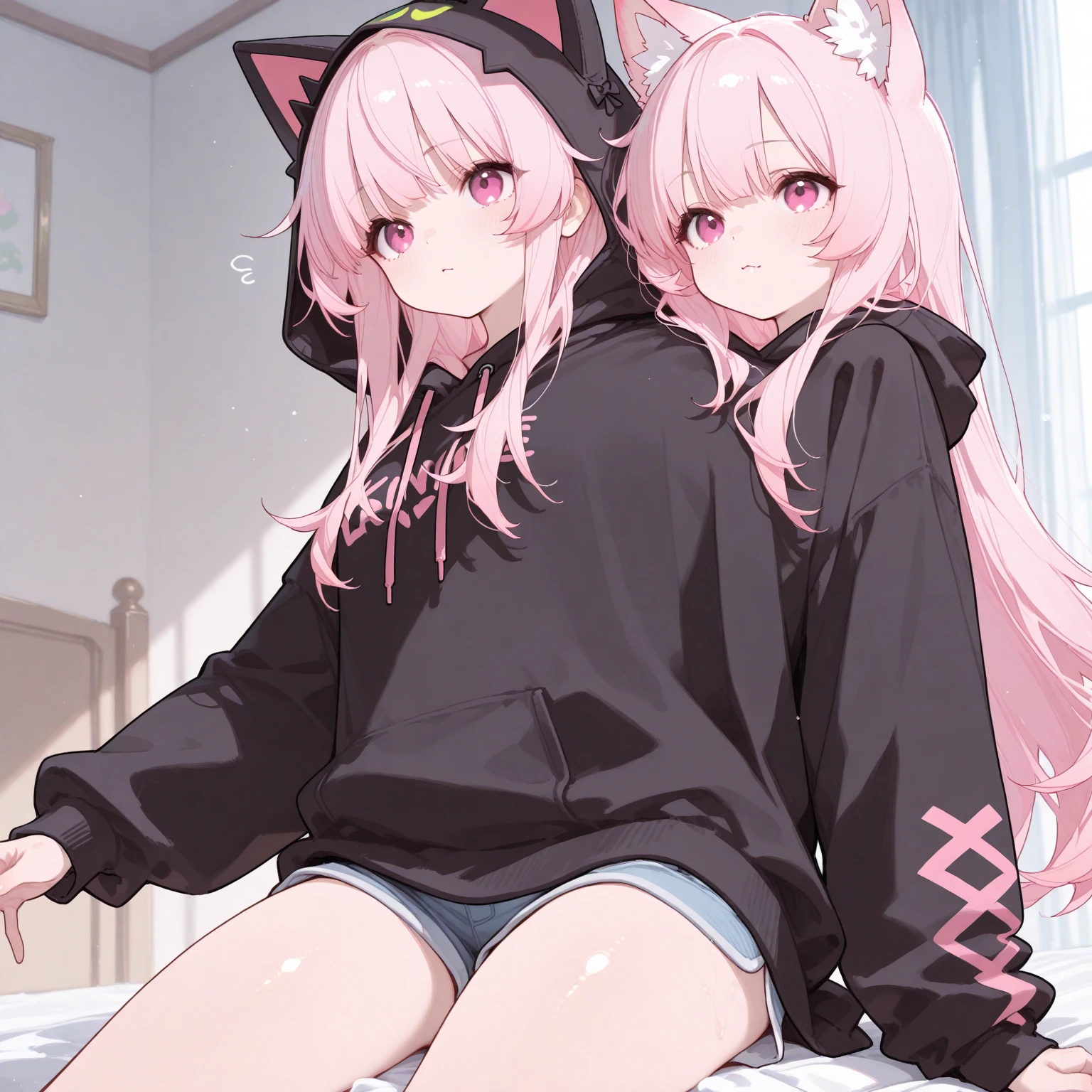 score_9, score_8_up, source_anime, CheshireMGE, two-tone hair, long hair, hair bow, cat paws, facial mark, striped tail, smile, open mouth, white hoodie, long sleeves, oversized hoodie, bottomless, thick thighs, v, simple background, white background,