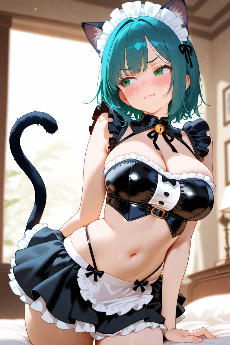 Cute woman, (human), (dark green hair:1.1), (yellow eyes:1.1), short hair, (fake cat ears:1.1), (fake cat tail:1.1), (cat collar), sexy body, sexy clothes, (eat meat), (cute street outfit:1.2), (hyper realistic), (highest detailed), (masterpiece), (best quality), (high resolution), (sharp focused), (wallpaper), (intricate detail), (highest quality), (detailed face and eyes:1.2), (perfect anatomy), (round breasts), (bubble butt), (wide hips:1.1), (slim waist:1.1), (thick thighs:1.1), (detailed background), (perfect nails:1.1), (detailed hand and finger:1.2), (medium breasts:1.2), (busty), (deep cleavage:1.2), (labia outline:1.3), (hard teat:1.3).