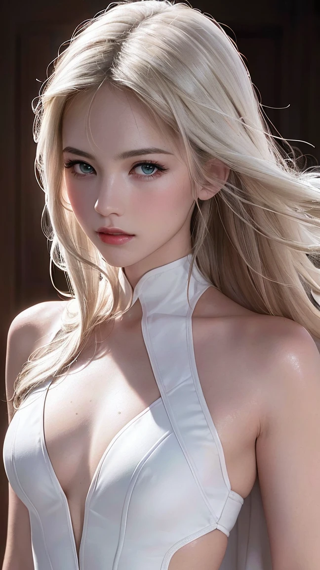 ((masterpiece:1.2, Highest quality)), Very detailed, (((Burstingly Big Breasts:1.4)))、((tighten the abdomen))、Ultra-precise depiction, Super high-definition description, (Abstract background:1.5), Wavy short hair-, 1 girl, face,Upper body close-up,sexy,Looking at the audience,Glossy appearance,stare,Subjective,Raise your arms,Bust Top,Realistically,Best body,White hoodie,笑face、Platinum Blonde Hair