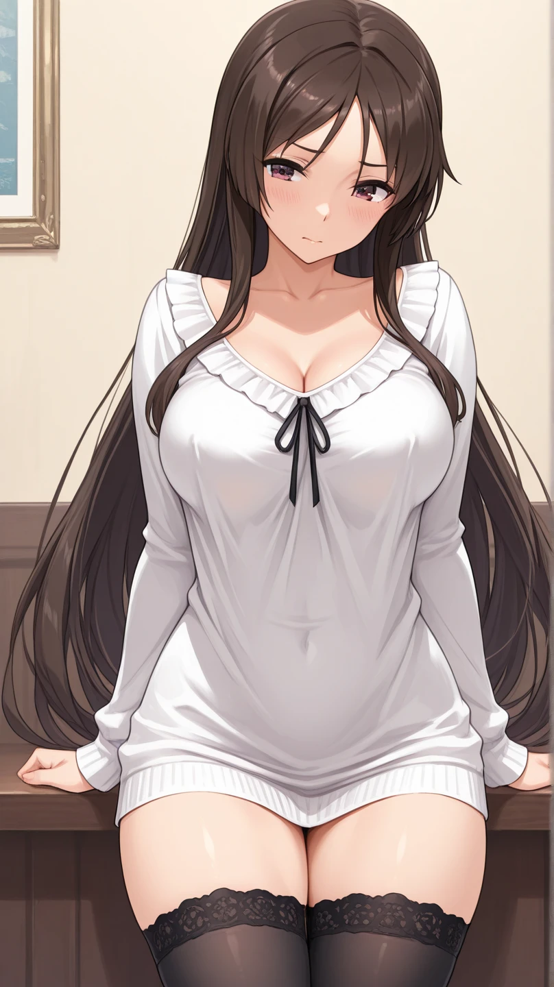 (masterpiece, best quality, 1girl:1.2, solo:1.3, illustration), ((office lady, white shirt, long sleeves, black skirt)), ((naked, lying on the bed, masturbating)), zabava, makeup, lipstick, freckles, red lips, brown hair, blue eyes, very long hair, hair ribbon, braid, twin braids, cowboy shot, looking at viewer, cleavage, flirting, modest, large breasts, large hips,  <lora:zabava-20:0.6>, <lyco:GoodHands-beta2:1.0>  <lora:masturbation-v1:1> masturbation, fingering, female_masturbation, grabbing_own_breast