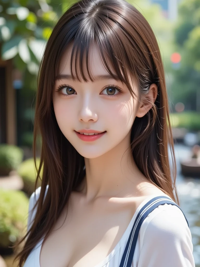 ((highest quality、8K、masterpiece:1.3)),(((Japanese))),an extremely beautiful and delicate,(light makeup),Silky hair,gentle smile,繊細でbeautiful色白肌,Realistic and realistic,exquisite and complete facial features,detailed depiction of the face,high nose bridge,red lips,beautiful, 優しくてbeautiful女の子,smooth hair,highly detailed hair,Feminine temperament,fill your face with light,surreal,realistic,8K quality,very detailed,realistic details,works of masters,Extremely realistic,Big Body,big breasts、beautiful,pure desire,stunning beauty,unparalleled beauty,best image quality,8K resolution,smile,detailed facial features,big long thick legs,Thin eyebrows,Light of the sun,towards the camera,The body is well-proportioned and strong,gentle eyes,thighs,standing posture,full body photo、cleavage,like々Healthy,(((thin eyebrows)))、high school girl