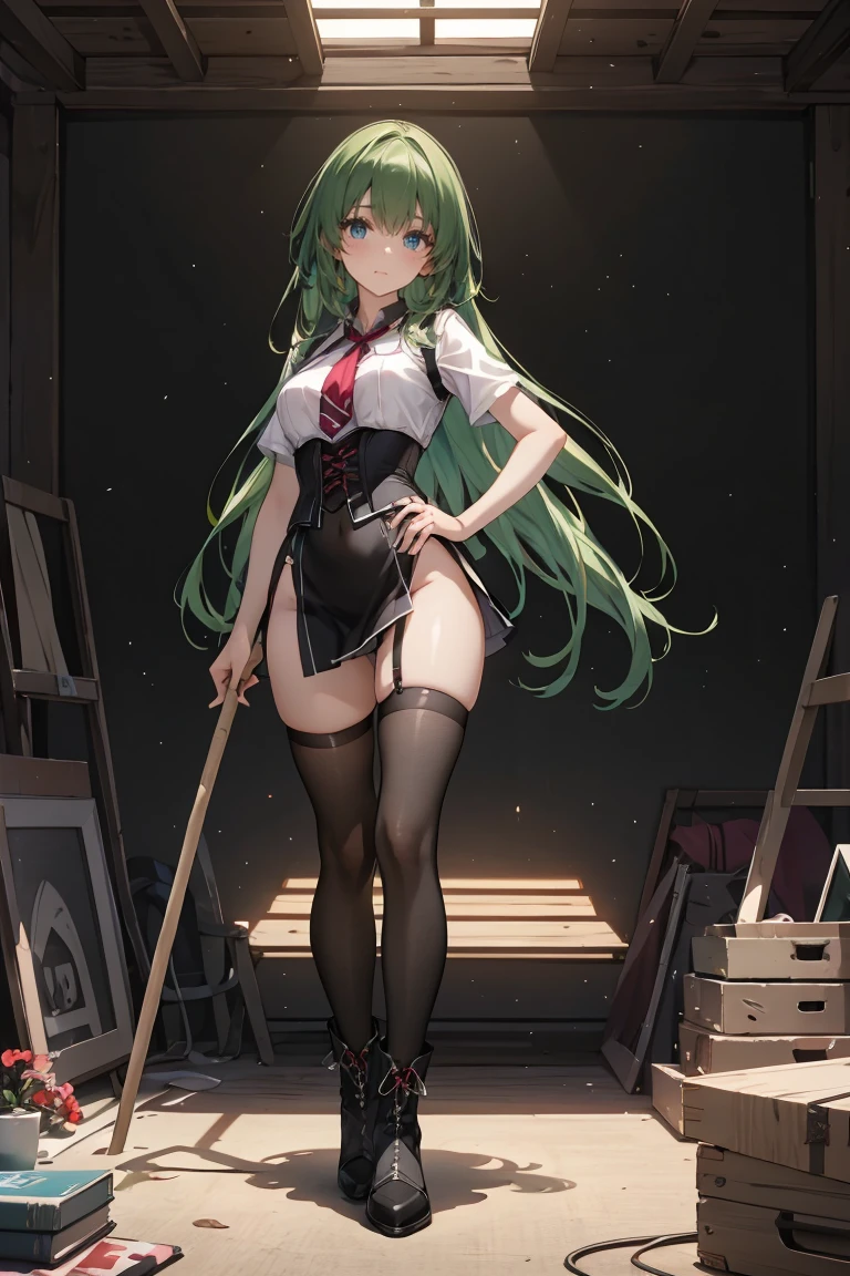 highest quality, masterpiece, High resolution, alone, {Yamakaze Kai 2_Fleet Collection:1.15}, green_hair, hair_between_eye, length_hair, hair_ornament, hairclip, ribbon, hair_ribbon, ponytail, black_ribbon, blush, green_eye, green_eye, 1 girl, School_uniform, simple_background, 教室background, (full body figure), (panties), (bra), flashy underwear