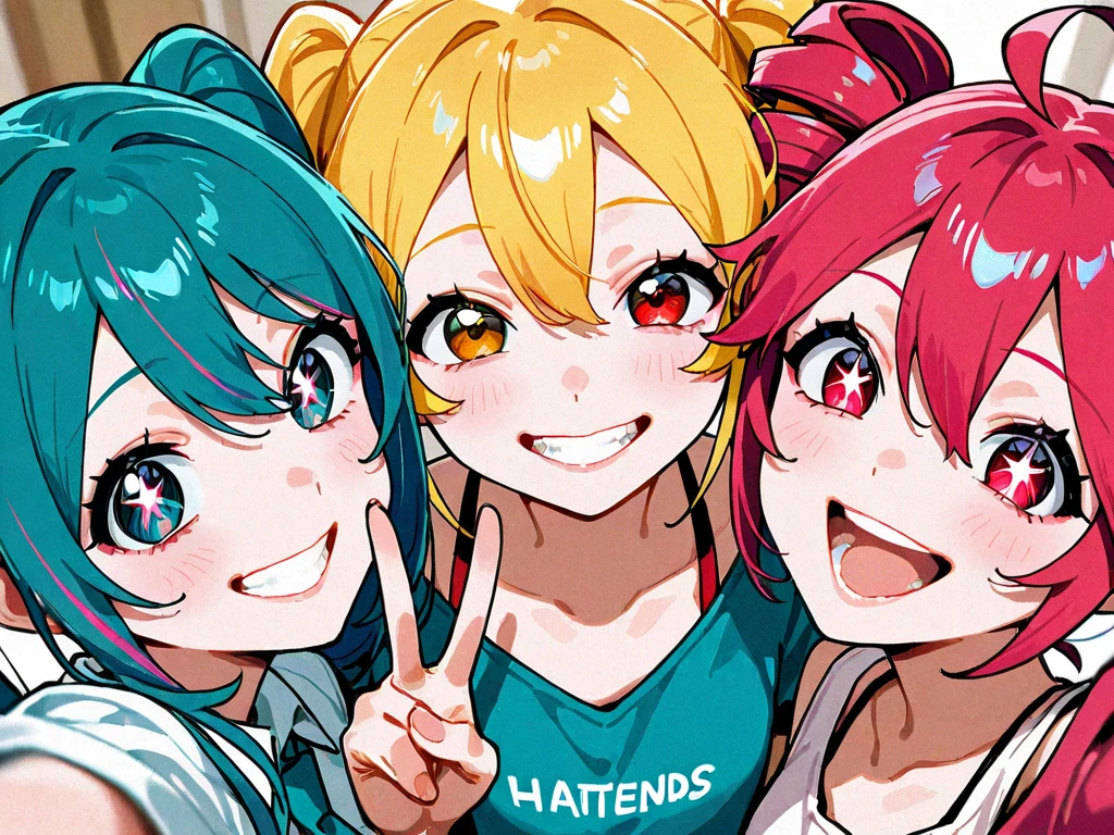 dal, , (intricate detail:1.2), 4girls, :d, absurdres, aida_orine, akb0048, aqua_hair, blonde_hair, bow, heart, heart_hands, heart_hands_duo, highres, ichijou_yuuka, kotani_kyouko, long_hair, motomiya_nagisa, multiple_girls, official_art, open_mouth, pink_hair, short_hair, skirt, smile, sono_chieri, twintails, dynamic pose, light khaki theme,