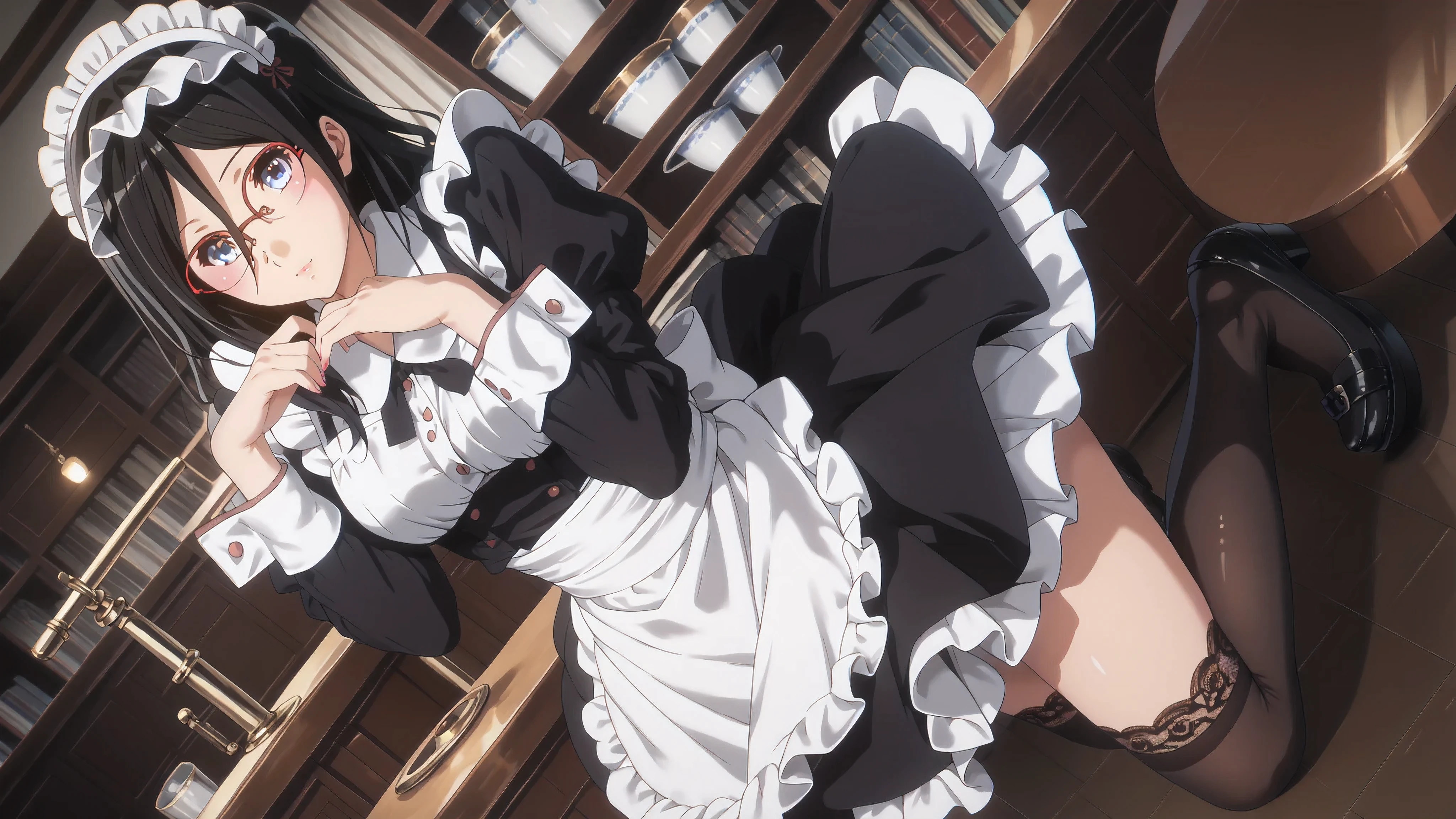  ((inspired by Asuka Tanaka:1.2)),(inspired by Kyoto Animation Style),(masterpiece, best quality),beautiful, beautiful-woman, ((detailed face)).(full body:1.3).,
((black hair)), glasses, blue eyes, long hair, over-rim eye-wear,cowboy shot, semi-rimless eye-wear, between eyes .(red-framed glasses:1.2),

The woman is wearing maid uniform with maid apron and  maid headdress,black lace-trimmed over-knee-stockings,(lace-trimmed over-knee-stockings :1.2),black platform footwear.