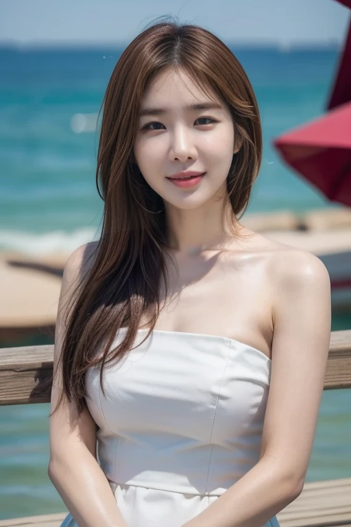 (Highest quality,4K,High resolution),(Realistic:1.37), Detailed eyes, White Summer Knit Dress, sunset park, Fair-skinned, (Upper body on screen), Big Breasts,