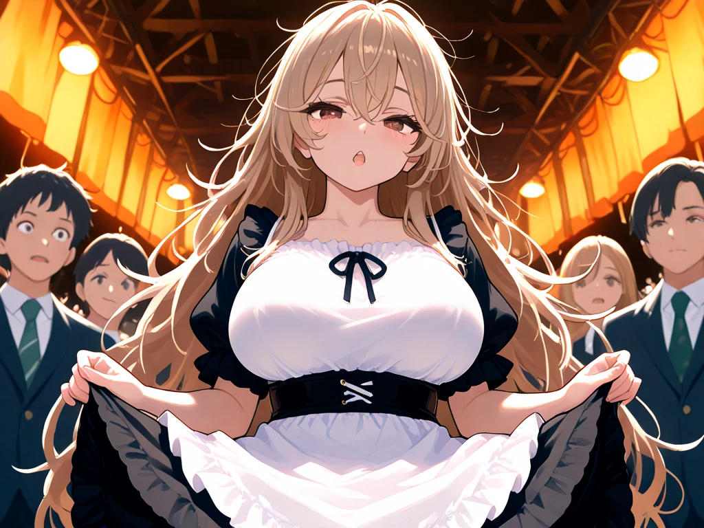 1 girl, detailed blue eyes, lange wimpern, detailed beautiful face, (very Long blonde hair:1.4), festgebunden, (arms behind back:1.6), gefesselte Arme, (blushing:1.3), (Big boobs:1.1), clv, Gag, gagged, bound knees and ankles, shibari over clothes, (black skirt, White crop top:1.4), standing in a beach night Club on a soft chair, many people around, tied gag, nah aufnahmen, shibari over clothes