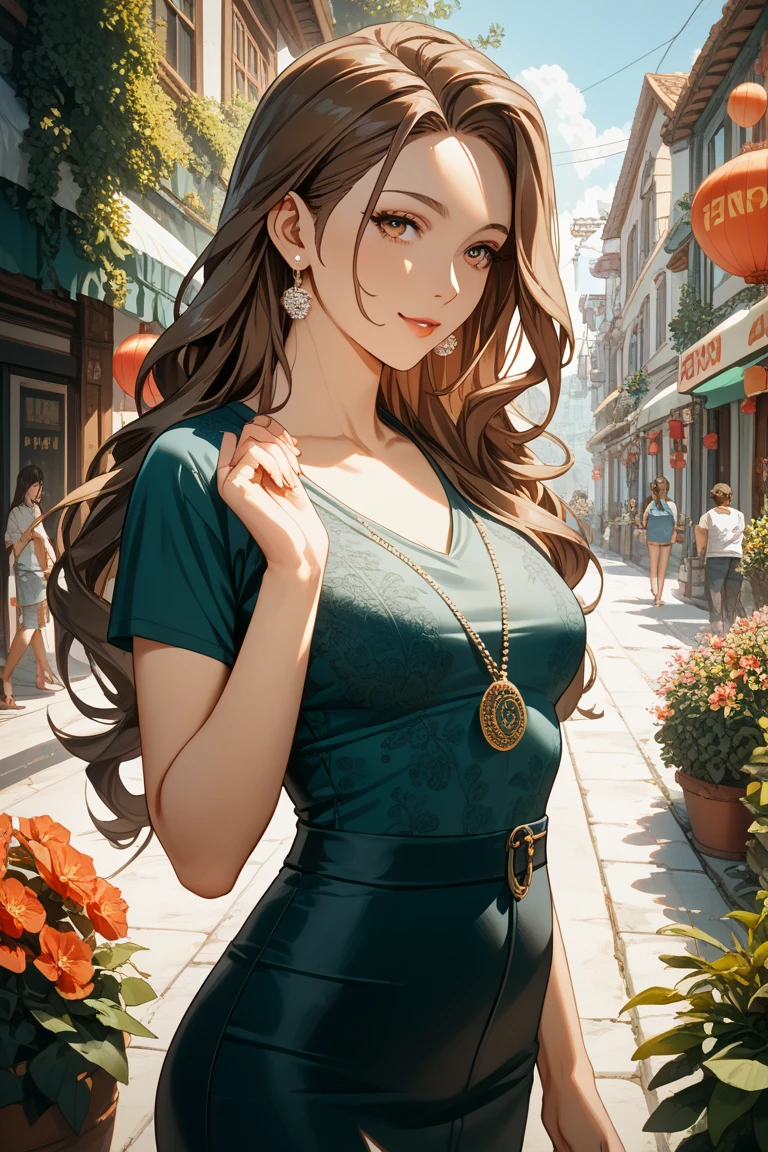 Beautiful young woman. long dark brown hair. fair skin. hazel-green eyes. very big boobs. sheer dress. silver necklace. mauve colored lips. City of Fountaine in the background.