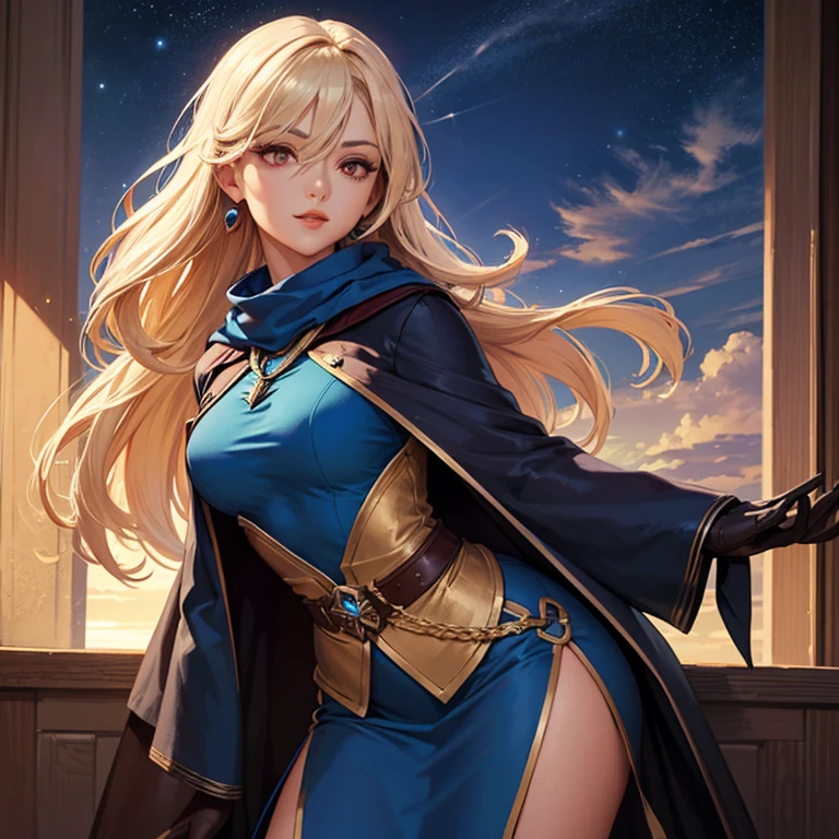 work of art, epic details, ultra detaild, best resolution, blonder woman, BEAUTIFUL ELF, rosto angelical, sculptural body, wearing loose blue kigurumi pajamas with a hood, perfect hands, expression of happiness, Grinning, big simple smile, Scenario: in the backyard at night, supper: looking at the dark sky, no mistakes, epic details na face, ultra perfect eyes