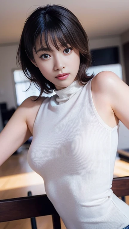 (put your index finger on your chin, bend the index finger, Shiny Rubber Suit,((My chest is exposed))、 Staring at the audience, Leaning forward, 1 Girl, View your viewers, from the front, Facing directly at the viewer, White and pink clothes, White gloves, Futuristic space suit, Inside the spaceship room), smile, Upper Body, Bodysuits, mini pencil skirt, High-neck clothes, Hide the neck, Droopy eyes, Tilt your head, Tabletop, Highest quality, Very cute girl, 20-year-old, Black Hair, pink line in the center of the clothes