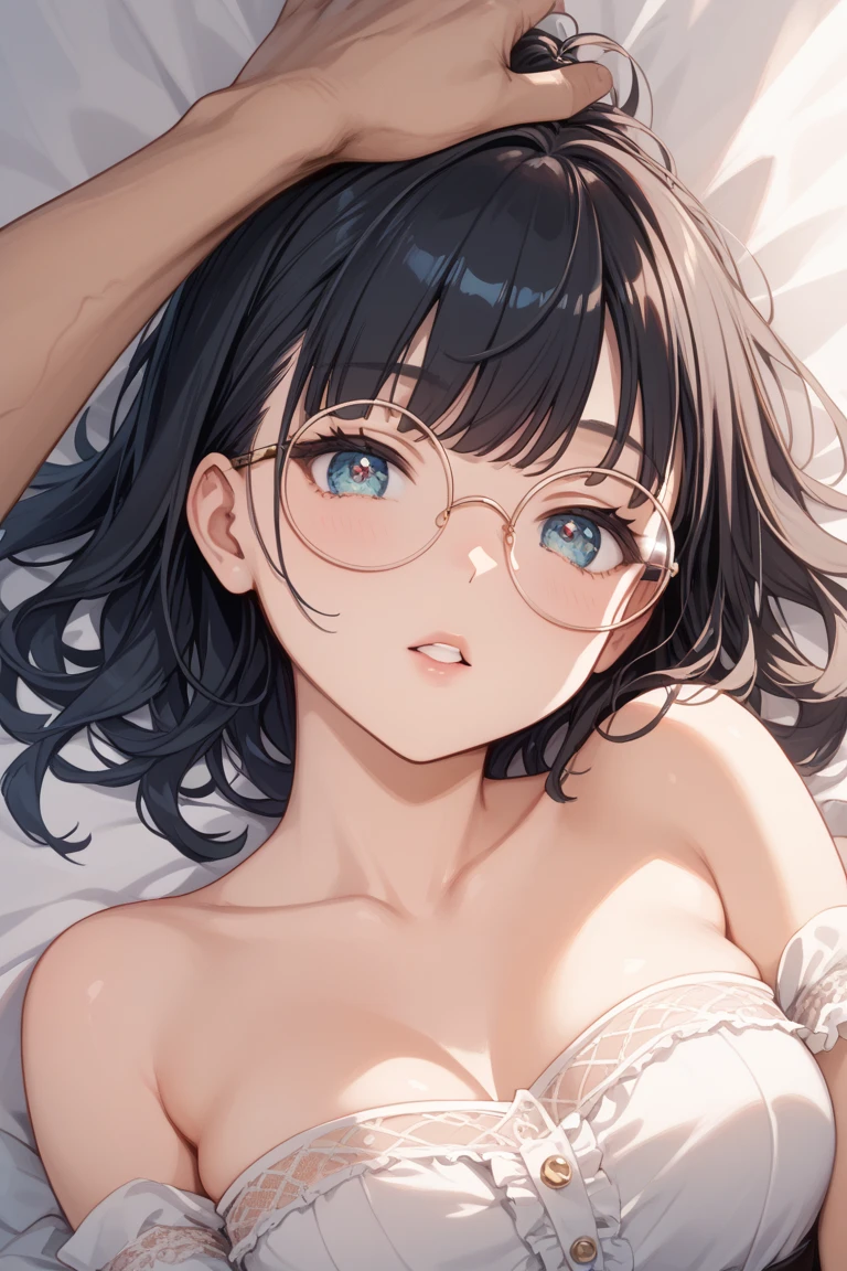 Adult female, highly detailed, glasses, short black hair wolf cut style tied back, blue eyes, bedroom, lingerie, perfect eyes, high quality, best quality, laying back on the bed, nervous, sweat, blushing, low light, looking up