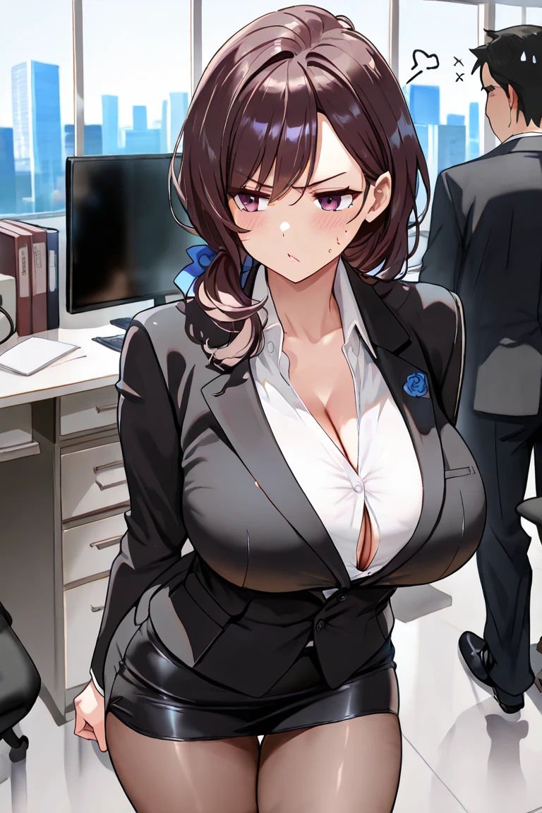 (masterpiece, Highest quality, High resolution, Super detailed, Highest quality), Detailed body, Detailed face, Detailed Red Eyes, ((Shy)), Tight waist, Black ponytail hair, unbuttoning office lady shirt, office lady jacket, tight skirt, office, hips up, ((standing)), (collar), (30 years old), stockings, Cinderella without hair accessories, ((slim))