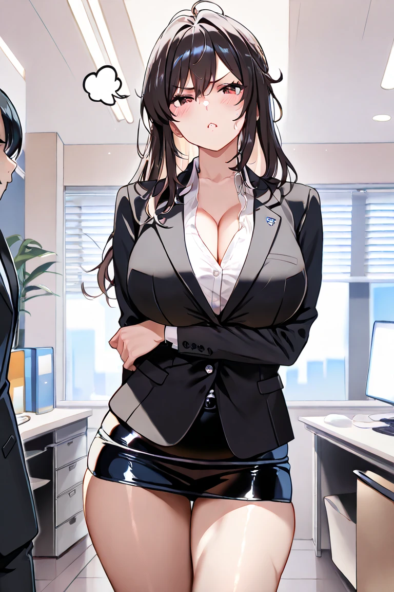 (((absurdres))), (((masterpiece))), (((best quality))), ((ultra-detailed)), ultra high quality, realistic, (real picture, intricate details, depth of field), ((((1girl, solo)))), make up, parted lips, highly-detailed, perfect face, (((mature woman, milf, skindentation))), ((huge breasts, wide hips, toned abdomen)), tall, glossy lips, sexy, blushing, mole under eyes, ((blackhair, blunt bangs, very long hair)), ((beautiful black eyes)), ((earrings, glasses, necklace, hair ornaments)), (((office lady, cleavage, black blazer, black tight skirt, garter belt))), (((erotic pose, standing, front view))), smile, (((office)))