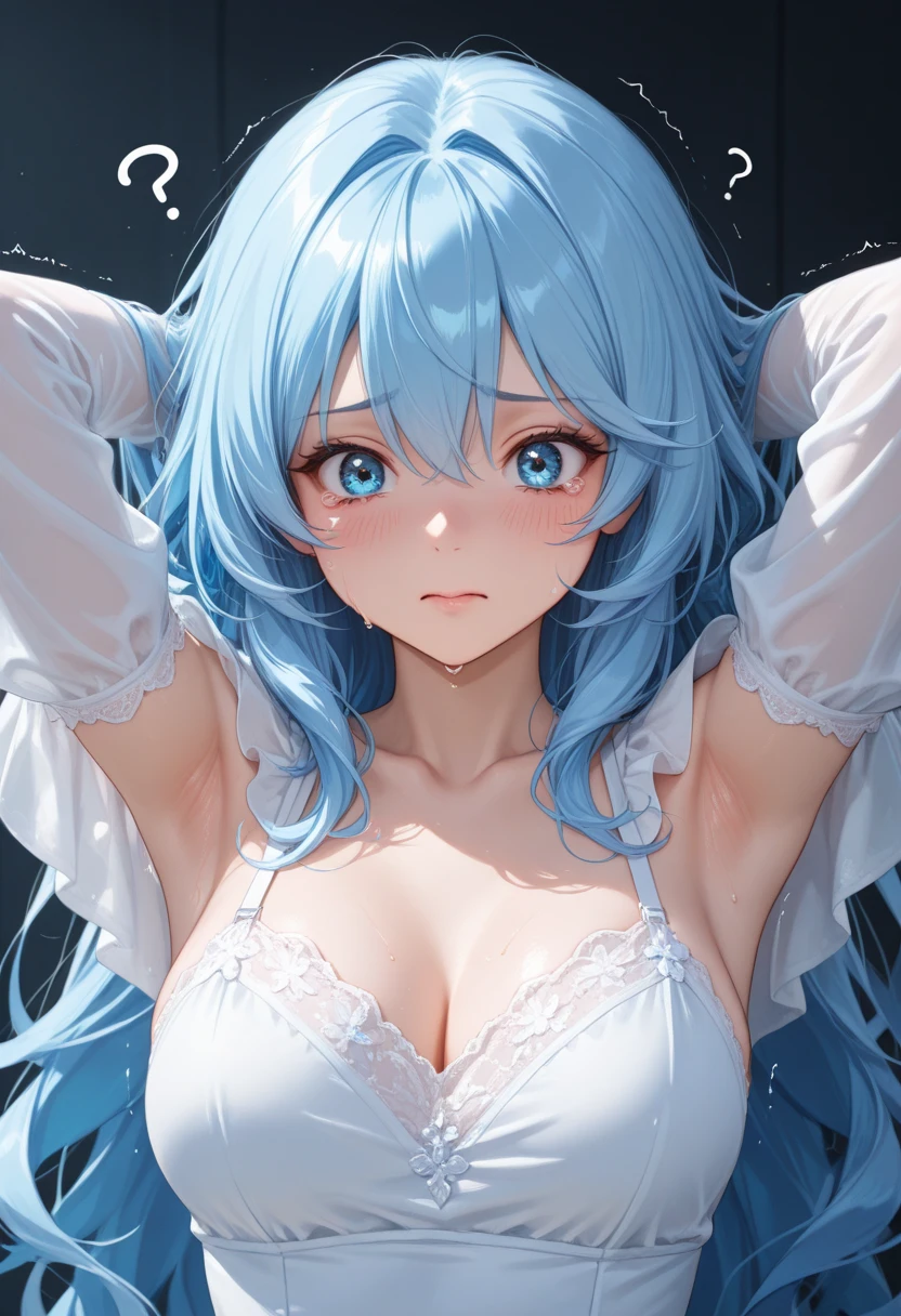 One Girl (masterpiece, round_iris, very crisp crystalline shiny blue eye, perfection_anatomy, very_Charm_Hypnotic_mysterious_eye, ) perfection face, Long silvery hair, A blushing, embarrassed smile, Big Breasts, Open T-shirt、 Sleeping and waking up、 Dynamic pose, Vibrant colors, Highest quality, 4K