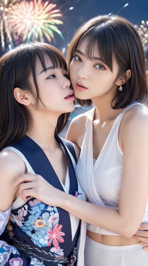 ((2 peopleの美女))、(((2 peopleの女の子))),((2 peopleで頬を寄せる)),((masterpiece)),((Highest quality)),((8K)),((Ultra high definition)),((high resolution)),((detailed)),((Perfect body)),((Perfect Face)),((2 peopleの美女))、((2 people))、21 years old、Standing side by side、Shiny Hair、Slanted Eyes、Glowing Skin、Very white skin、Glowing Skin、Jet Black Hair、Heavy makeup、Natural brown hair、ponytail、((腰に手を回して2 peopleでくっついている))、((腰を曲げて2 peopleでこちらを覗き込む))、sunny、blue sky、smile、Smile with your mouth closed、A cute short-sleeved top in pastel purple、(Black shorts)、Big eyes、Looking up、blue sky、Tropical seaside、A good friend、Mouth closed、(((Girls Together)))、((Same height))