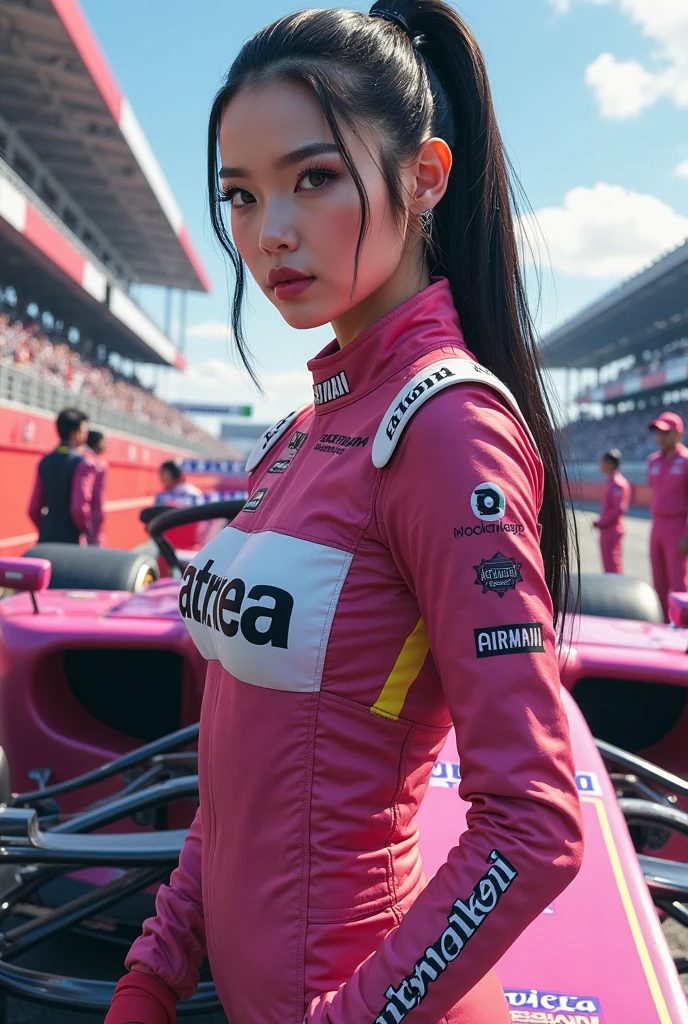 Highest quality High resolution Simple F1 Grand Prix Racecourse Companion cute girl Beautiful face Race Queen 20 years old ((head to waste))