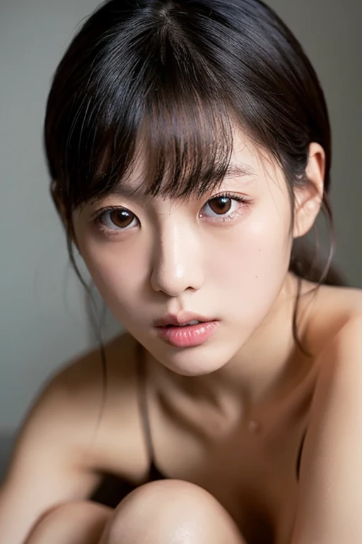 (Highest quality), (masterpiece), highly detailed, Riho was lying naked on the bed, taking my glans in her mouth with her mouth wide open and sucking it., I have oral sex with her,  body, Eyes that are evenly shaped, Big eyes, Droopy eyes, A dreamy look, She holds my penis between her breasts, she does shy smile, she is blushing, Beautiful mouth, get creampied, A simple background with just a sheet,