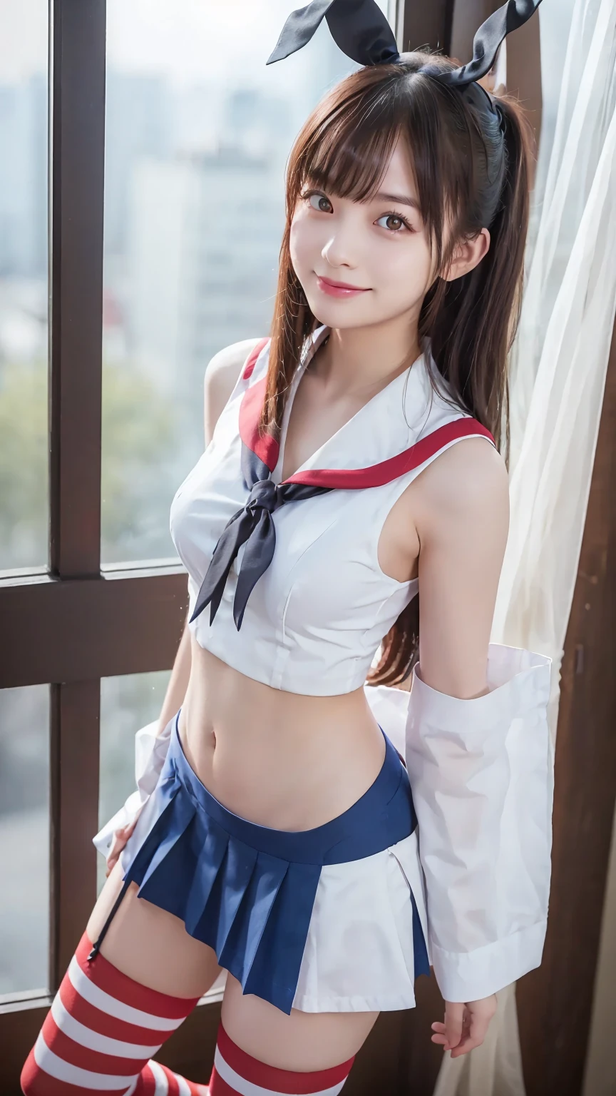 8K、Raw photography、top-quality、​masterpiece、独奏、perfect bodies、a beautiful Japanese schoolgirl、sixteen years old、skinny、Sexy white schoolgirl uniform、Dark blue tie、(Colossal tits)、Colossal tits、(((((underboob)))))、Lower breast、underboob、 (Sexy uniform with a slight view of the underside of the chest)、(Visible lower milk、Uniform with visible ribs and navel)、Super mini skirt with no panties visible 、Uniform without sleeves、Smile、((looking at the viewers))、Blushing、(brown-haired)、shinny skin、school classrooms