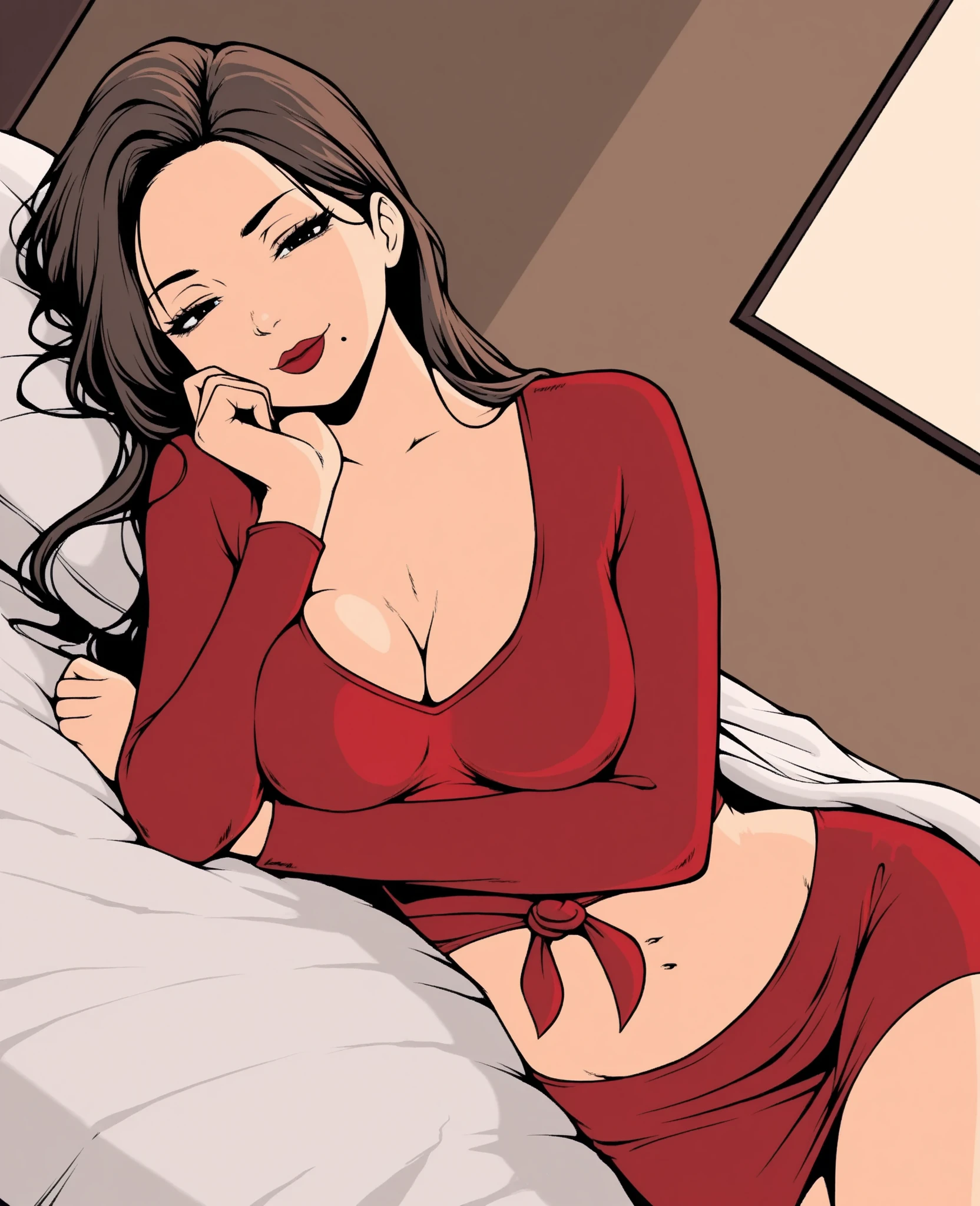 girl, boobs with red dot, on the bed,pensi in here pussy