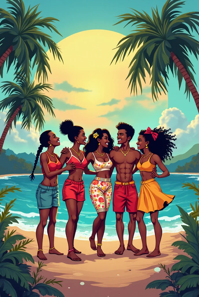 photo de jeunes hommes et jeunes femmes noires en short et chemise entrain de s'amuser en tenue de plage sur fond blanc