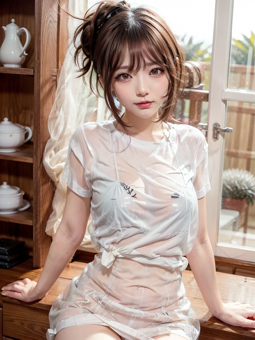 1 woman, (Masterpiece:1.0), (8k background screen) : 1.0), (beautiful detailed face: 1.0), blonde hair, hair tied in a side ponytail, sensual cleavage, ((Transparent T-shirt:1.5)) , beautiful breasts, pronounced nipples in clothes, sexy pose, elegant makeup, female focus, character close to the camera, V-shaped panties, violet panties, lace underwear, standing, in an office, black stockings,