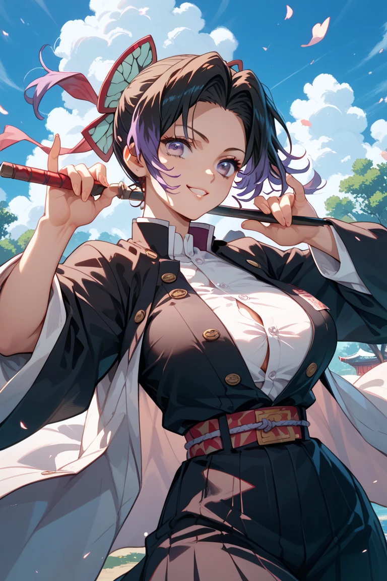 (best quality, masterpiece, ultra highres, ultra-detailed:1.2) ,1girl cosplaying as Nezuko Kamado from "Demon Slayer: Kimetsu no Yaiba",pink eyes, forehead,Holding a bamboo tube in his mouth, medium breasts, cowboy shot,at cosplay stage,BREAK.(16yo,detailed face,(darkblue wavy-short hair),eyebrows,)