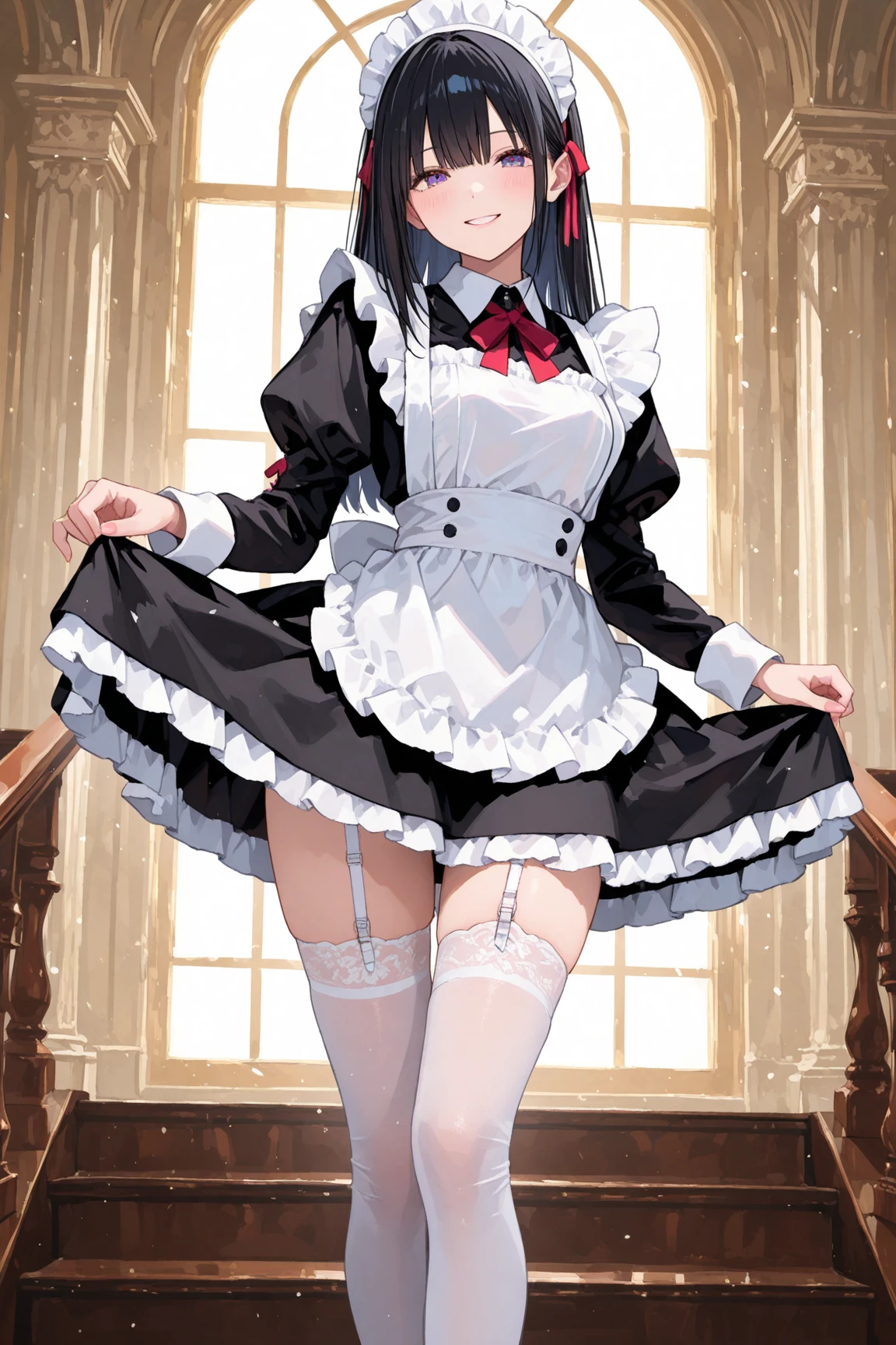 ((Highest quality)), ((masterpiece)), ((detailed)), (4K), a woman wearing underwear and stocking that is holding up her skirt by her thigh, 1girl, underwear, panties, 独奏, thighhighs, backlighting, puffy sleeves, dress lift, long sleeves, bow panties, white thighhighs, dress, juliet sleeves, maid, looking at viewer, clothes lift, maid headdress, short hair, lifted by self, breasts, bow, black hair, curtains, white panties, window, ribbon, glaring, indoors, frown, red ribbon, standing, neck ribbon