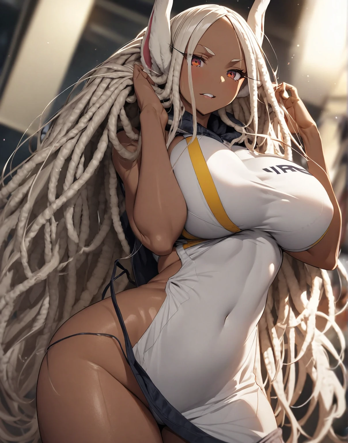 Shot from below、Standing with your legs apart、Standing with feet shoulder-width apart、Cute girl、highest quality、Ultra - High resolution、High resolution、Highly detailed CG、8k unit wallpaper、18-year-old、Careful and gentle eyes,Delicate and beautiful smile、Platinum Blonde Hair、Asymmetrical Hair、((( Dark Skin:1.5)))、(Shiny body,:1.5)、rabbit ears、(((loose socks、big breasts))) 、(Orange motocross jacket with green details, Biker clothes. Detailed design)Double Peace 、Shorts