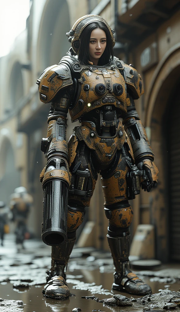 (extremely intricate all details)、(extremely realistic all Texture) 、glossy Texture、Navy blue heavy mechanical armor resembling a pillbug, designed by Hajime Katoki、1 person、Beautiful female soldier、Multi-legged、Heavyweight、Heavy Armor、Firearms、Ultra-realistic、Full Body Shot、Night view of the bayside industrial area、Spotlight lighting to illuminate characters、Please generate at least 4 copies.
