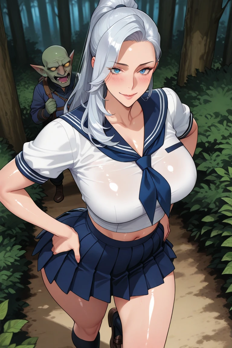 masterpiece, Highest quality, Highest quality, High resolution, concentrated、You can see the top and bottom of your underwear(Purple underwear)、Open chest、The crotch is open、Warrior girl being attacked by goblins(Goblin groping her breasts)(Desperate look)(Horizontal)(White Hair)(Blue clothes)(choker)(belt)(Heart Necklace)(The longest knee-high socks)(Tear bags)(Earrings)、Side view、Drops of sweat fly、Speed、