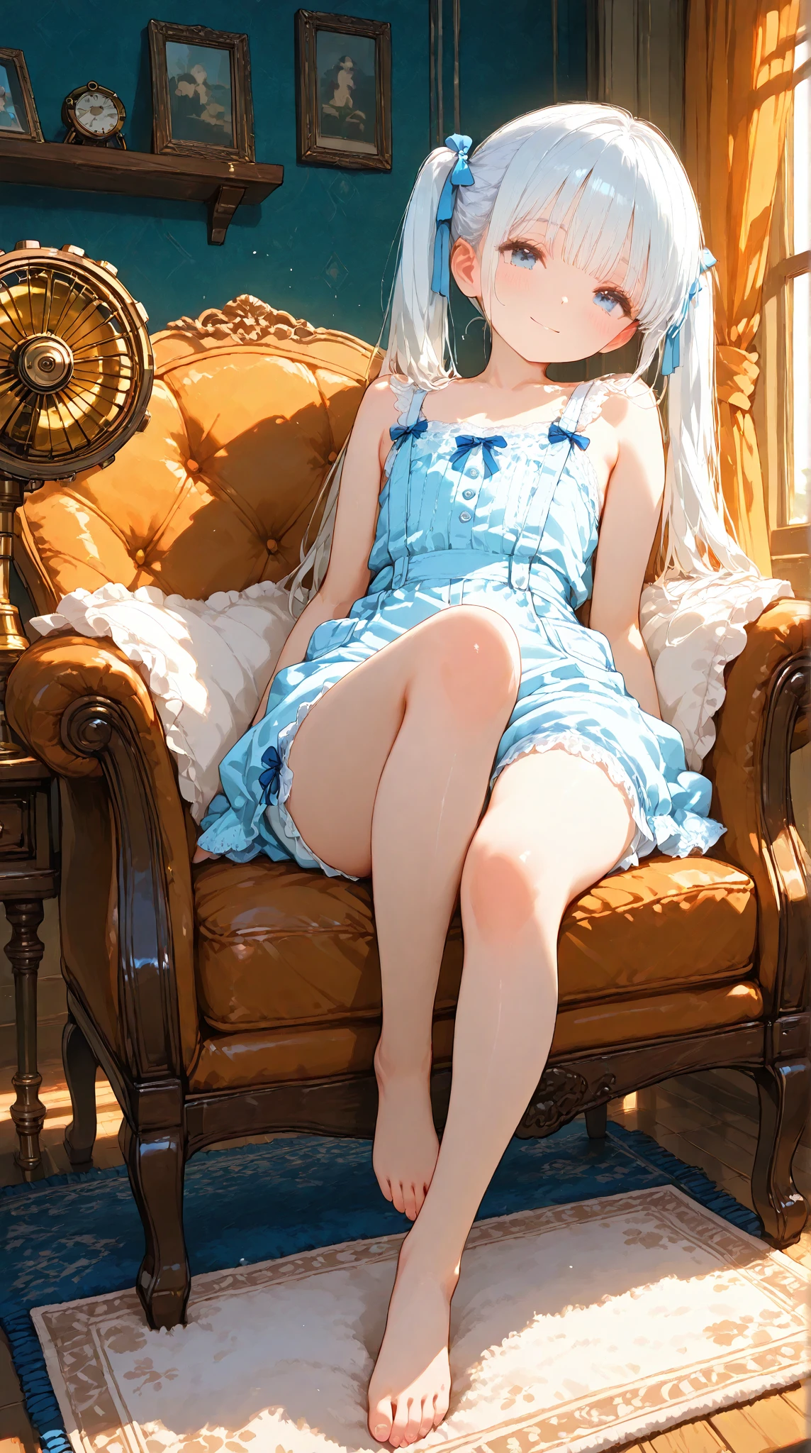 anime style, small girl, blonde, hair drills, light blue eyes, rich girl, cute violet and turquoise dress, white socks with lace, black shoes, sitting in a cozy sitting in an elegant and expensive chair, the girl looks adorable, elegant room, mansion, indooors, ???, small, 8 years old, thick thighs, cute pose, sexy, huge ceiling