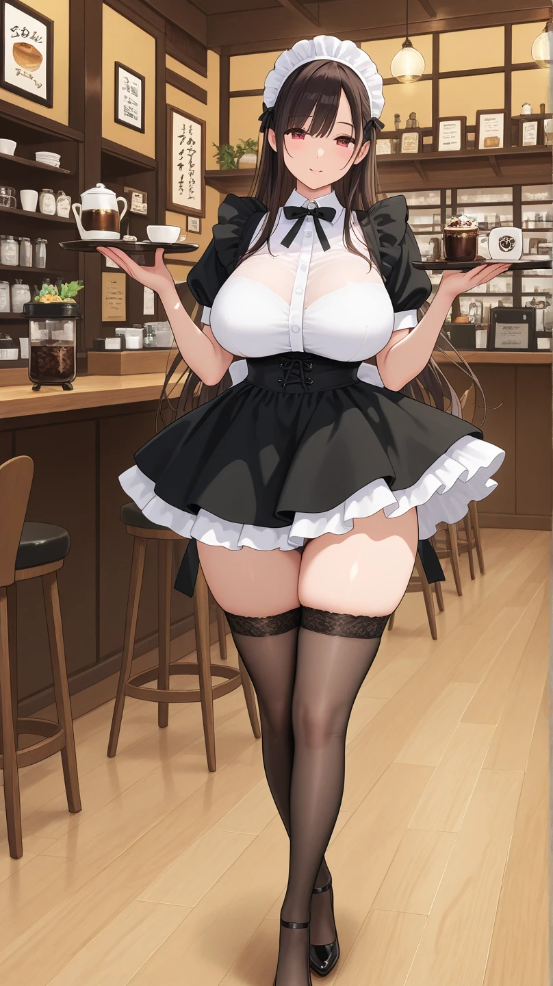 nsfw, Detailed Background, (((独奏))), ((Excellent anatomy: 1.2)), (One beautiful 35 year old woman:1.5), (Black Hair, Shortcuts, blunt bangs), Big Tits, (Blue Eyes), (Beautiful Eyes), (Miniskirt maid costume:1.3), (Silver-rimmed glasses:1.2), (Holding a tea set on a tray in her right hand), (Place your left hand on your hip), grin, Earrings, Walking inside a coffee shop, Cowboy Shot, (black panties visible:1.5)