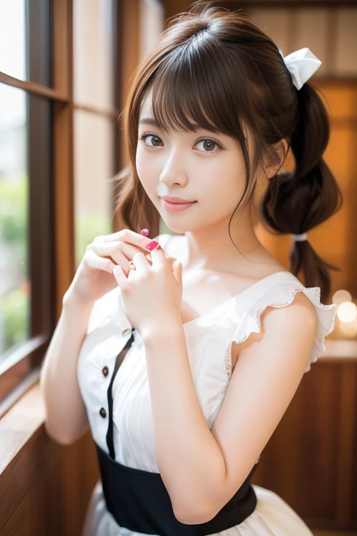 brightexpression、photorealistic stick:1.32、highest quality、超A high resolution、Photos of the most beautiful Japan girls、cute and beautiful face details、small face、(Pueros face_V1:0.008)、Beautiful bangs、14 years old、Brilliant white skin、hair gets tangled in face、Bangs that reach down to the face、bangs、hair between eyes、super long hair、charming brown silky hair、bright、Clear light blue eyes shine charmingly、ample breasts、Dynamic poses highest quality、disorganized、((the cutest girl in the world))、Japanese、14 years oldの女の子、Cafe、((lace dress:1.3))、(half up hair:1.3)、(tie with a thin ribbon)、nice and cute、innocent smile、nice smile、cleavage、(big breasts:1.3)、ponytail、brown hair、thin waist、detailed beautiful eyes、face forward、Upper body、close up of face、Front view、