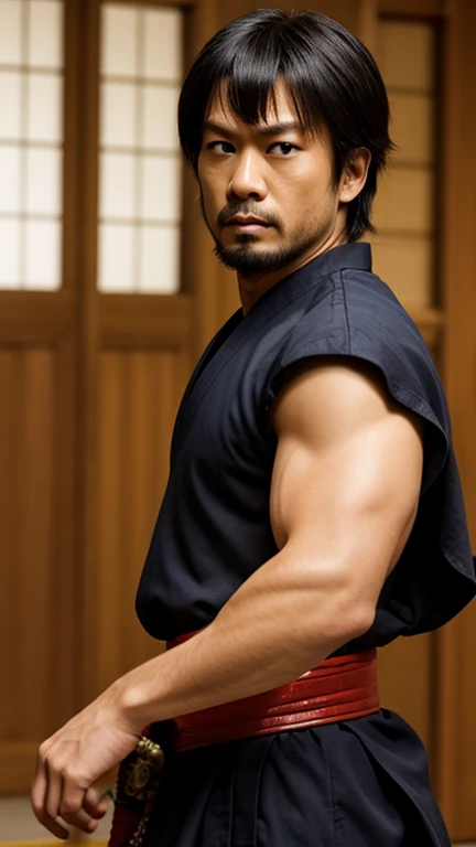Male samurai, Clothing of the 17th century, Japanese Yakuza, tattoos on body, Ancient Japan, Through the hinterland of ancient Japan, (full length), real-photo, hyper realisitc