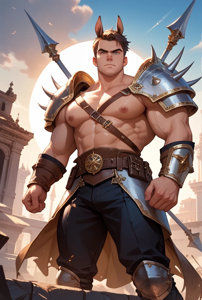 um Gladiador furioso , usando um elmo dourado , pele escura, cabelo curto , brasileiro ,barba grande, corpo extremamente grande e musculoso , holding a golden shield in his left hand and a golden spear in his right hand, Super Strength , corpo peludo , corajoso, sem camisa , peito grande e peludo , sexy , gay , sedudor