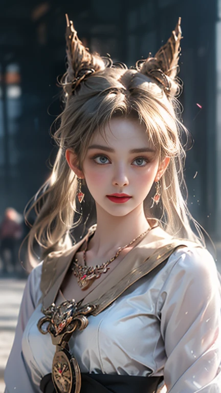 18-year-old, Close up portrait of woman in Ancient Greek clothing 、Shoulder out、thin、Serious expression、Short-haired、Deadly position, Gorgeous Necklace, Light milky porcelain skin, Smooth, Translucent white skin, Enchanting anime girl, Beautiful and seductive anime woman, Ultra realistic sweet bunny girl, Pale porcelain white skin, Smooth, Realistic and perfect body, Anime Girl Cosplay, Perfect body with realistic shadows, Gweitz's Masterpiece, Holding a cute white rabbit
