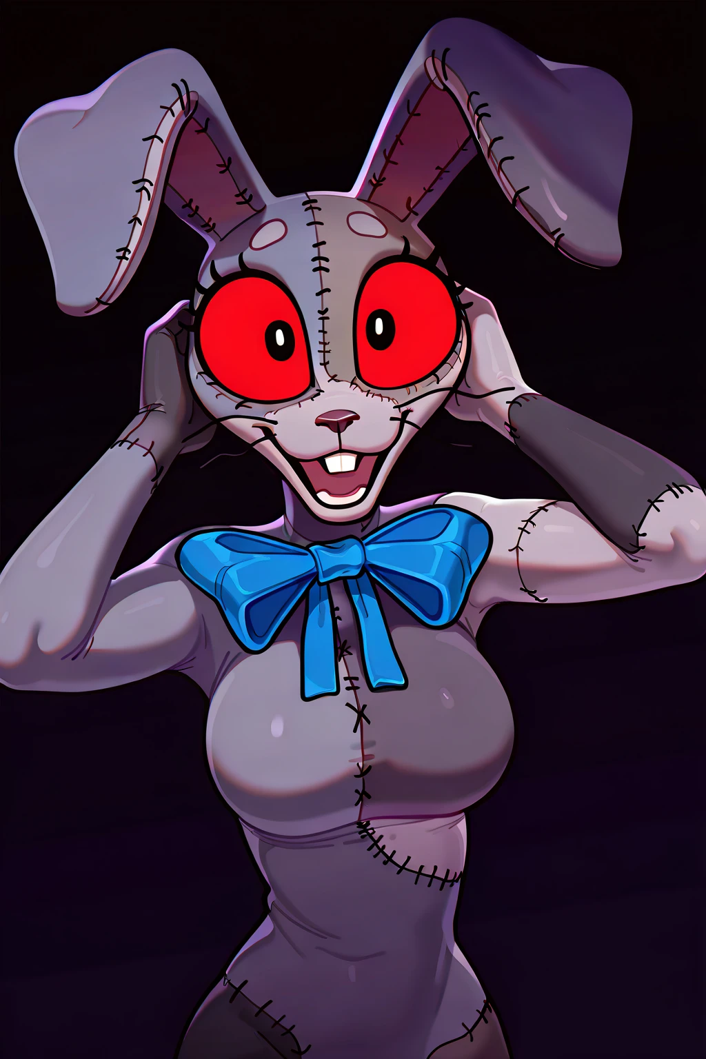 feminine, masterpiece, armor, The newest, absurdres, Vanny, patchwork costume , black pupils, red sclera, blue bow, anthropoid, hands behind their heads, bright eyes, shaded character , dark configuration, medium breasts, being brutally raped by a clone of her.
PAUSE
dark background, Dynamic Background,